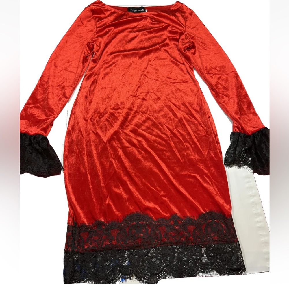 RED VELVET vampire Dress VAMP Long Sleeves GOTH RENAISSANCE BLACK LACE Stretch L